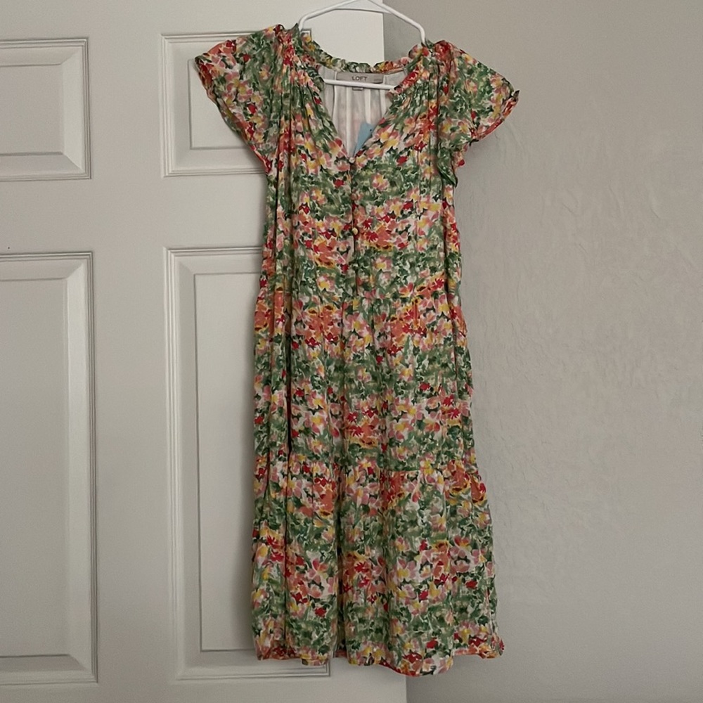 The Loft Buttercup floral tie neck dress in a petite XS